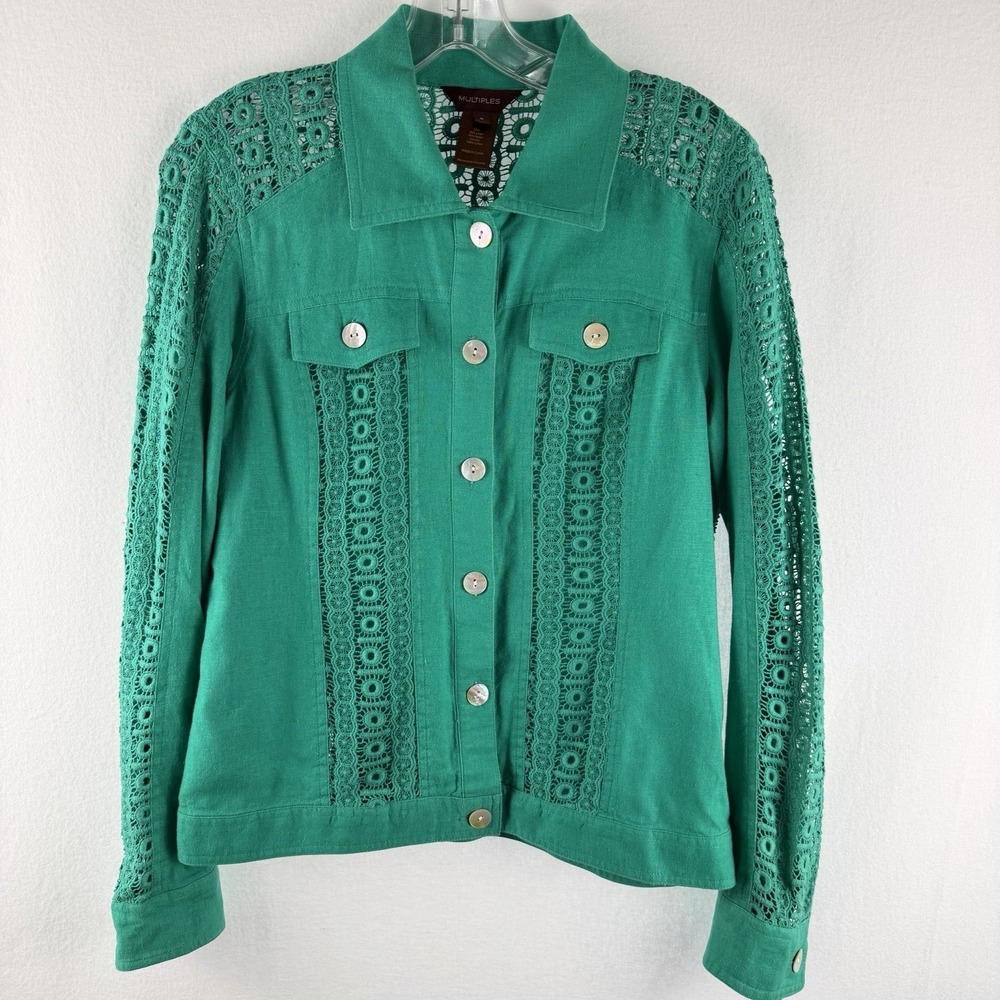 Crocheted Eyelet Lace Linen Blend Jacket Sz S Green Lightweight Cottage Eclectic